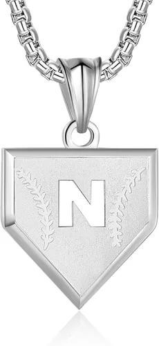 Miniatura 21 de Collar con inicial de la A a la Z para niños, de acero inoxidable, con dije de escudo de letra, cadena de 22 + 2 pulgadas, inspirador de béisbol