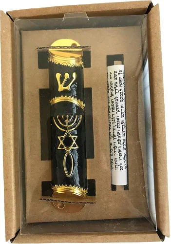 Miniatura 2 de Holy Land Market Sello Mesiánico - Funda para mezuzá de 4 pulgadas con pergamino incluido, mezuzá judía pequeña (negro - marco dorado)