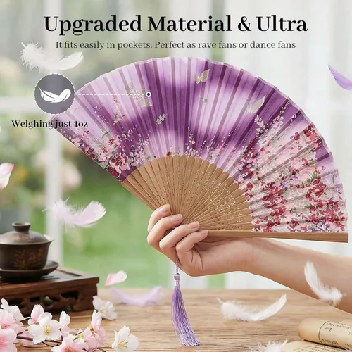 Miniatura 3 de JOHOUSE 4 abanicos plegables de tela floral con borla, elegantes abanicos de boda para invitados, ventilador plegable chino, ventilador de mano