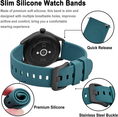 Miniatura 50 de BISONSTRAP Correas de reloj de silicona, correas de reloj delgadas con liberación rápida, 0.787 in, negro con hebilla negra