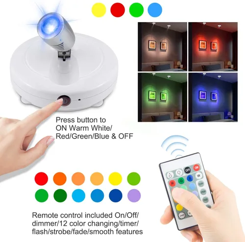 Miniatura 2 de BIGMONAT Foco inalámbrico que funciona con pilas, luz de imagen RGB con control remoto y temporizador, lámpara de visualización que cambia