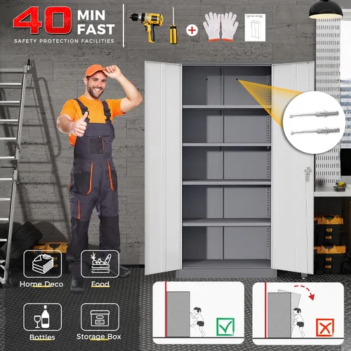 Miniatura 5 de Pataku Armario de almacenamiento de garaje de 71 pulgadas, gabinete de bloqueo de metal de 5 capas con puerta, gabinetes de almacenamiento Gris