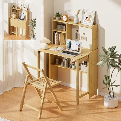 Miniatura 10 de Escritorio plegable de bambú de 31.1 pulgadas con estantería, escritorio compacto para computadora para espacios pequeños, escritorio plegable