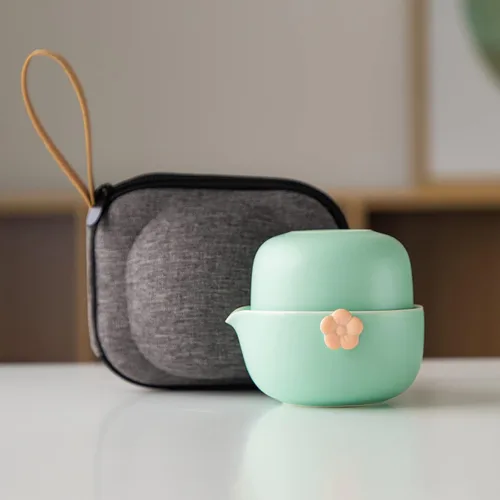 Miniatura 2 de HEER Travel Gaiwan - Juego de té para uno, juego de tazas de tetera portátil de porcelana, diseño de flor de ciruelo, regalo para mujeres (azul)
