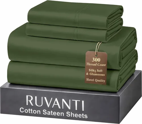 Miniatura 52 de RUVANTI Juego de sábanas de 100 % algodón tamaño matrimonial, tejido de satén suave y sedoso de 300 hilos, refrescante, ligero y transpirable, Beige