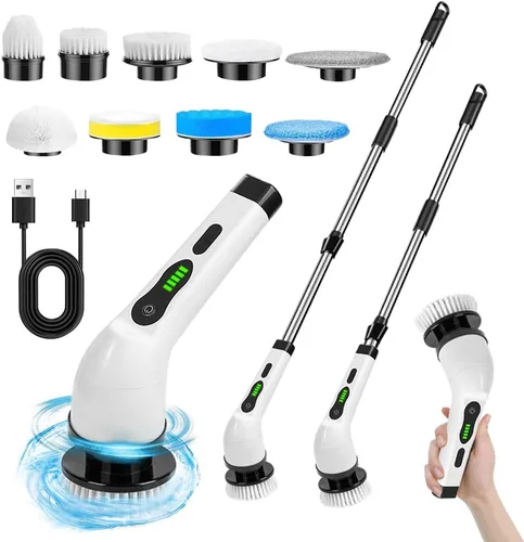 Limpiador eléctrico giratorio de ducha, cepillo de limpieza con mango largo, cepillo de limpieza eléctrico con 9 cabezales reemplazables, para baño,