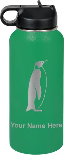 Miniatura 30 de LaserGram Botella de agua personalizada, pingüino, acero inoxidable de doble pared aislada al vacío con popote superior, regalo grabado