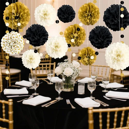 Miniatura 7 de Decoraciones de fiesta negras y doradas, 16 piezas de pompones de papel de seda, kit de guirnalda de papel para fiesta de Año Nuevo, graduación