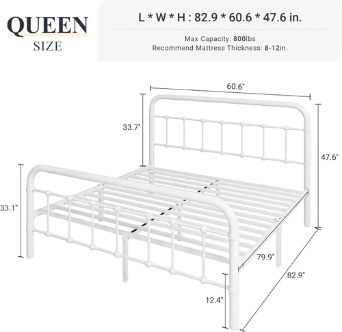 Miniatura 2 de Allewie Marco de Cama de Plataforma de Metal Tamaño Queen con Cabecero/Pie de Cama de Arte de Hierro Forjado Estilo Victoriano, No Requiere Somier