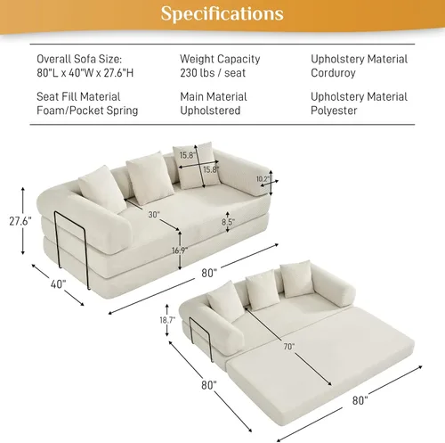 Miniatura 2 de DAMAIFROM Sofá cama convertible con almohada cilíndrica, sofá cama plegable de pana con marco de forma fija, sofá modular de suelo para sala de Beige
