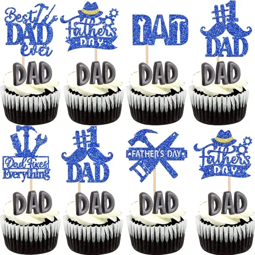 Miniatura 13 de Paquete de 24 adornos para cupcakes con purpurina para el Día del Padre, con purpurina para el mejor papá del mundo, sombrero de bigote #1