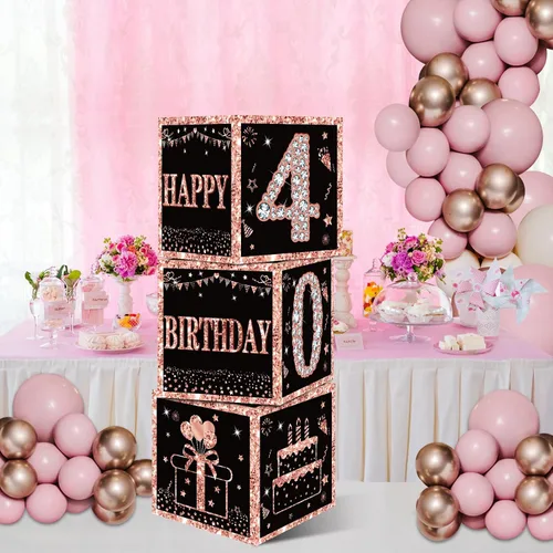 Miniatura 4 de Eiurteao Cajas de 3 piezas de decoraciones de cumpleaños número 40 para mujeres, cajas de globos de cumpleaños número 40 en oro rosa, suministros