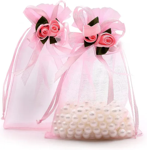 SumDirect Bolsas de regalo de organza rosa – 50 bolsas de regalo de boda de 4 x 6 pulgadas, bolsas de joyería con cordón para fiestas, bodas,