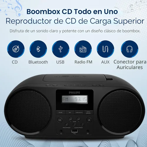 Miniatura 2 de Philips Reproductor de CD portátil Boombox con Bluetooth, radio FM, altavoces Dynamic Bass Boost, entrada USB/auriculares/auxiliar, reproductor