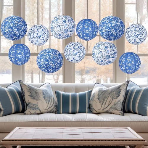 Miniatura 5 de Lonfliness 15 linternas de papel chinoiserie de 10 pulgadas y 8 pulgadas de porcelana azul y blanca colgantes, decoración de fiesta, farol redondo