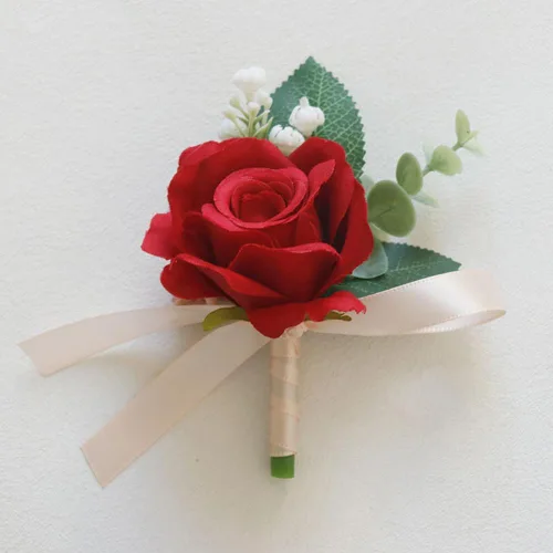 Miniatura 2 de MAFELOE Juego de ramillete de muñeca y boutonniere, accesorios de rosas artificiales para novio, novia, padrinos de boda, damas de honor, boda, Rojo