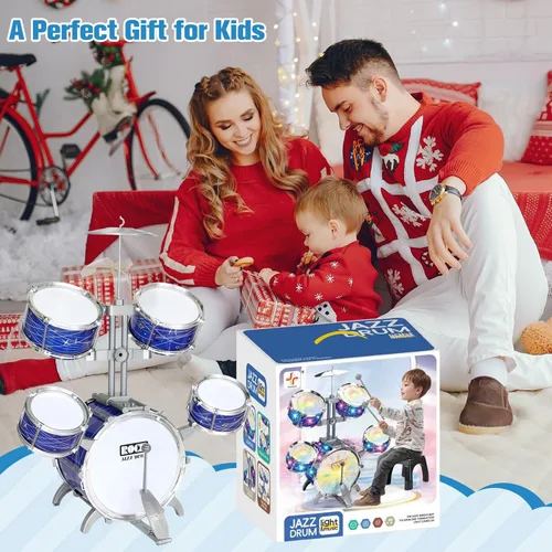 Miniatura 7 de Juego de batería para niños pequeños de 1 a 3 años, kit de batería de jazz de 5 piezas con taburete, pedal de bajo y platillo, instrumento musical