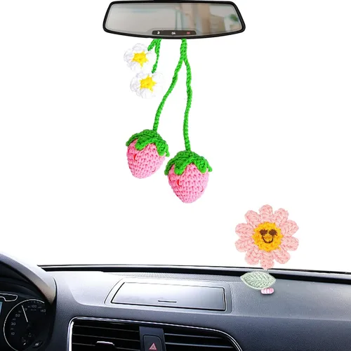 Accesorios colgantes para espejo de automóvil, 2 piezas de ganchillo de fresa, accesorios de automóvil, lindos accesorios para espejo retrovisor,