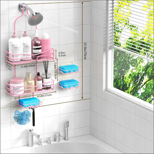 Miniatura 6 de DAOYA Over the Shower Head Caddy Pink - Organizador de ducha colgante con 3 soportes para jabón, organizador de baño de acero inoxidable