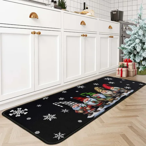 Miniatura 8 de Alfombras de cocina de cuadros de búfalo con gnomos de árbol negros, juego de 2, Merry Christmas, decoración de piso de perfil bajo para fiestas