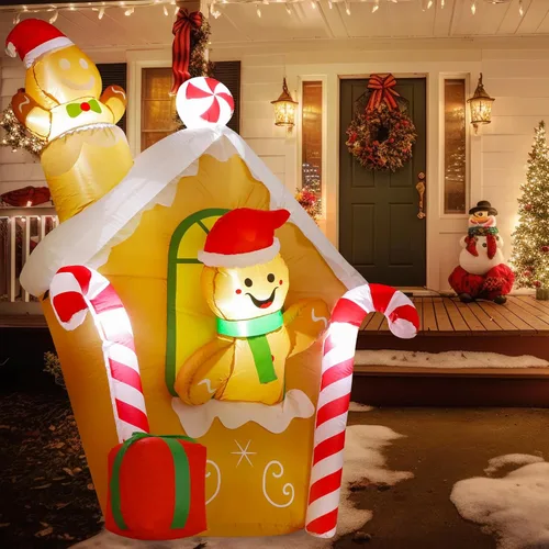 Miniatura 7 de MiniInflat Casa de jengibre inflable navideña de 5.4 pies, decoraciones navideñas para exteriores, decoración inflable navideña para patio con LED