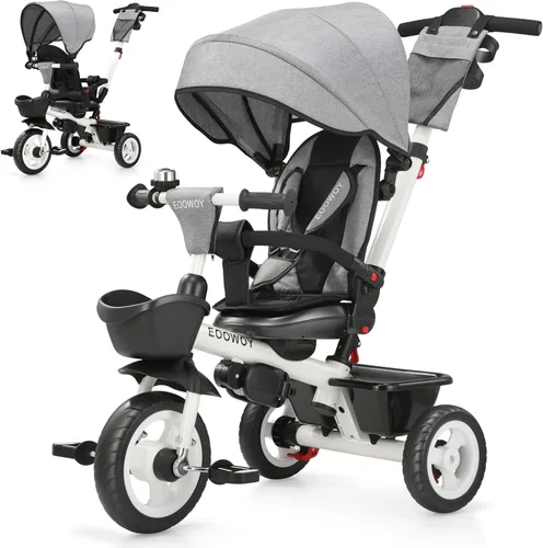 EOOWOY Triciclo para niños pequeños con mango de empuje, triciclo 7 en 1 con asiento giratorio de 360°, respaldo reclinable, ruedas todo terreno,