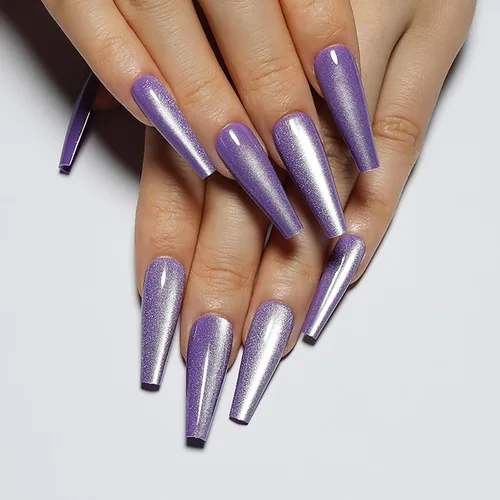 Miniatura 8 de Uñas postizas a presión largas, con brillo azul y diseño, acabado acrílico brillante, de cobertura completa, uñas postizas reutilizables para l002