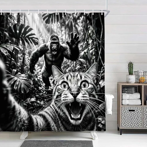 Miniatura 2 de Divertida cortina de ducha con diseño de gato con gorila en la selva, decoración de baño de animales humorísticos en blanco y negro, juego