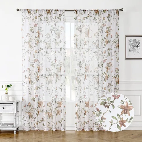 Miniatura 12 de Tollpiz Cortinas cortas y traslúcidas con estampado de mariposas y cerezo gris, media cortina con bolsillo para barra de cocina, cortinas