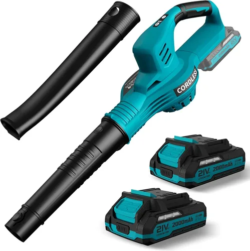 Miniatura 10 de Soplador de hojas inalámbrico, potente soplador eléctrico de hojas de 21 V con 2 baterías y cargador, 2 modos de velocidad, sopladores de hojas