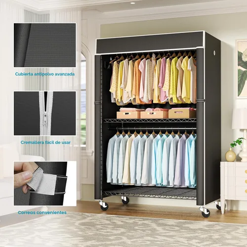 Miniatura 3 de FUTASSI Perchero negro con cubierta negra, armario con ruedas P1C Plus, perchero de metal para colgar ropa, armario de almacenamiento de ropa, 46
