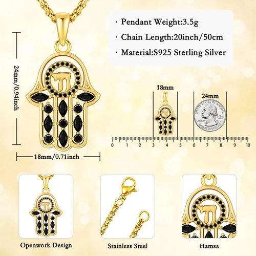 Miniatura 90 de Aniu Joyería de plata de ley 925 Hamsa de Fátima para mujer con circonita cúbica, viene con caja de regalo negra