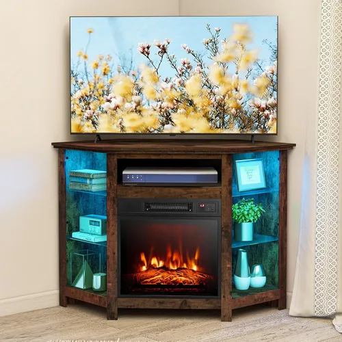 Miniatura 11 de COSTWAY Soporte de TV de esquina con chimenea eléctrica con luces LED de 16 colores, 3 brillos, control remoto y aplicación, moderno centro de Negro