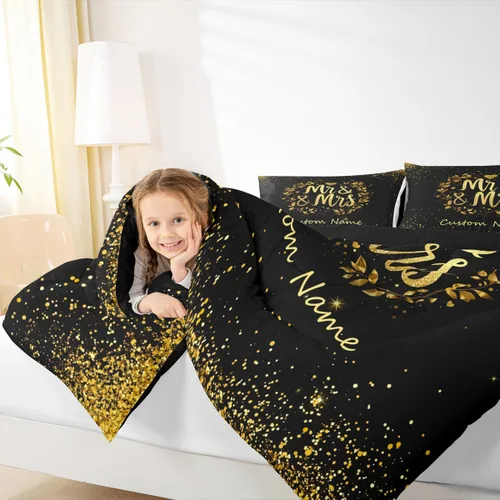 Miniatura 4 de Juego de ropa de cama personalizado con lentejuelas negras y doradas, tamaño individual, edredón de corazón dorado con purpurina para mujeres