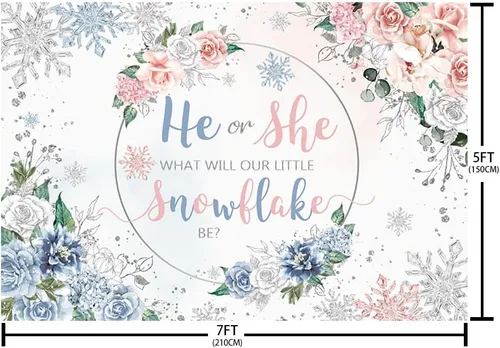 Miniatura 5 de AIBIIN Telón de fondo de revelación de género de copo de nieve de invierno de 7 x 5 pies con purpurina plateada para niño o niña, fondo floral rosa