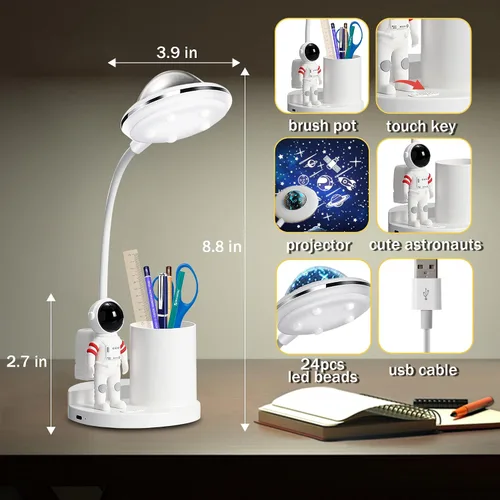 Miniatura 7 de Lámpara de escritorio de astronauta para niños, proyector espacial de estrellas, lámparas de cohete espacial, luces de astronauta con soporte
