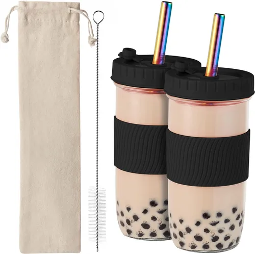 Amyoole Paquete de 2 tazas Boba reutilizables, vasos de batido de boca ancha de 24 onzas, vasos de vidrio con tapas y popotes, tazas de té de