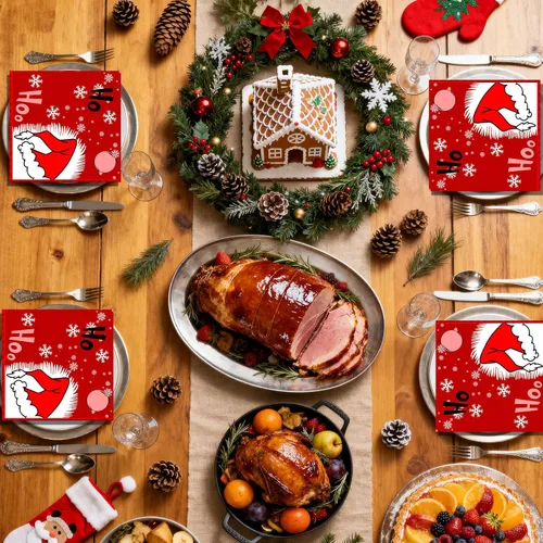 Miniatura 6 de Servilletas de Navidad – Servilletas desechables de papel rojo para fiesta de sombrero de Navidad, decoración de fiesta de copo de nieve de Navidad