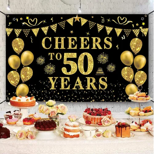 Miniatura 5 de Trgowaul Decoraciones de cumpleaños número 50/aniversario/boda para mujeres y hombres, pancarta de felicitación a los 50 años, fondo negro y dorado