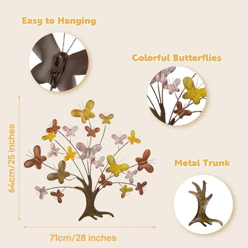 Miniatura 2 de dreamskip Arte de pared de árbol de la vida, decoración de pared grande para exteriores de 28 pulgadas con mariposa, arte de pared de metal hecho a
