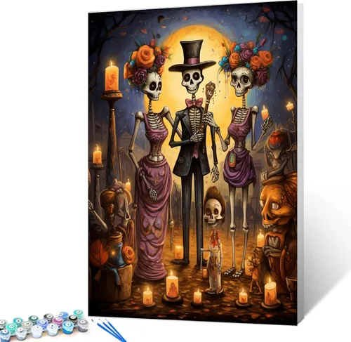 Miniatura 13 de Pintura por números para parejas tomadas de la mano, para adultos, principiantes, Día de los Muertos, Esqueleto, Pintura por números sobre lienzo