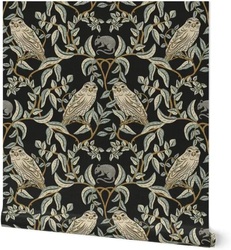 Muestro de papel tapiz extraíble – Little Owl Damask William Morris Farmhouse Arts and Crafts Birds of Rapy, papel tapiz de transición verde suave