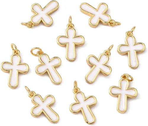 LiQunSweet 20 dijes chapados en oro con cruz esmaltada blanca para hacer joyas Colgantes blancos de cruz