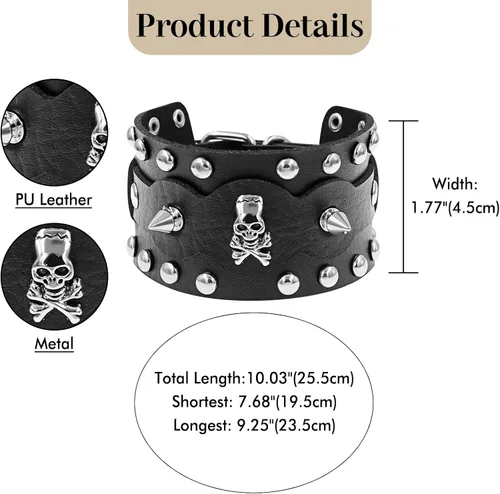 Miniatura 2 de Cupimatch Punk Gothic Skull Rivet Wide Leather Bracelet Cuff Adjustable 7.5"- 8.7" for Father's Day