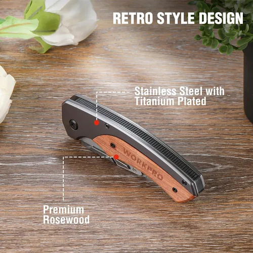 Miniatura 2 de WORKPRO - Cuchillo utilitario plegable, cortador de caja de cambio rápido con cabezal de acero inoxidable y bloqueo de alineación, mango de madera