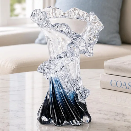 Miniatura 9 de Jarrón de vidrio soplado azul de 12 pulgadas de alto, florero costero soplado a mano de arte moderno, hermosos centros de mesa únicos de olas