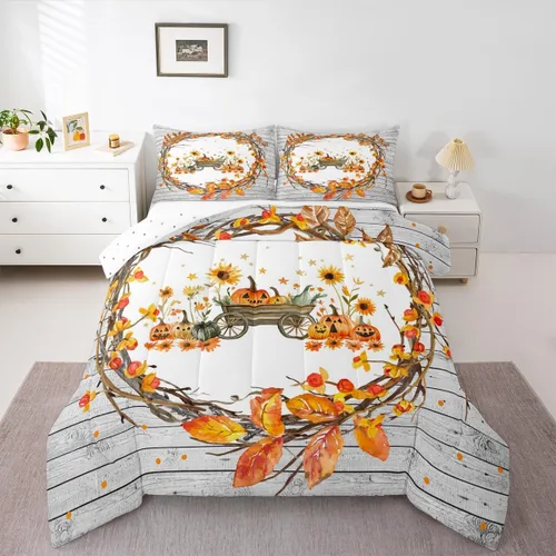 Miniatura 23 de Juego de edredón de calabaza de otoño tamaño individual para niños y niñas, juego de ropa de cama para niños, mujeres y hombres, ultra suave