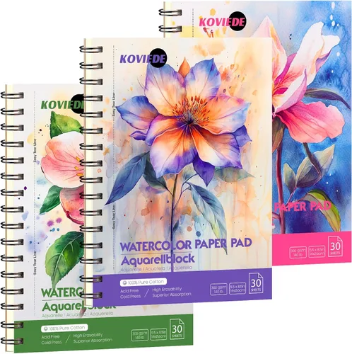 KOVIEDE Bloc de papel para acuarela 100% algodón - Paquete de 3 (90 hojas) 14 x 21.5 cm, papel prensado en frío, 140 lb/300 g/m², encuadernado en