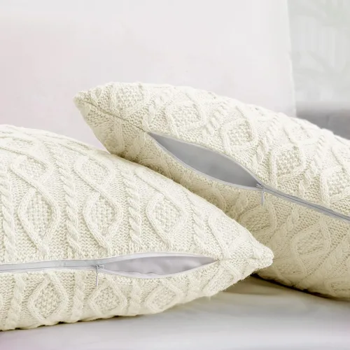 Miniatura 4 de Homiest Juego de 3 mantas y almohadas de punto trenzado, color blanco crema, manta de punto (50 x 60 pulgadas) y 2 fundas de almohada