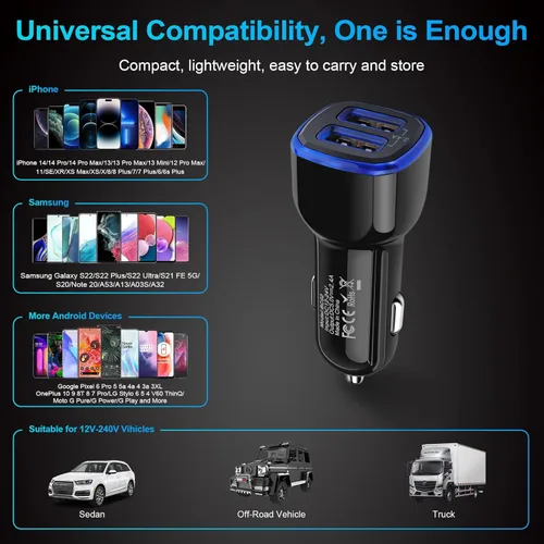 Miniatura 7 de Cargador de coche para iPhone, 5 unidades de 2.4A 12 V, adaptador USB para iPhone 17 16e 16 15 14 13 12 11 SE XR XS X 8 7 6, Samsung Galaxy S25 S24